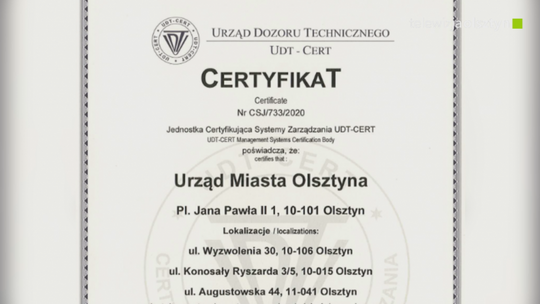 Certyfikat dla Urzędu Miasta Olsztyna