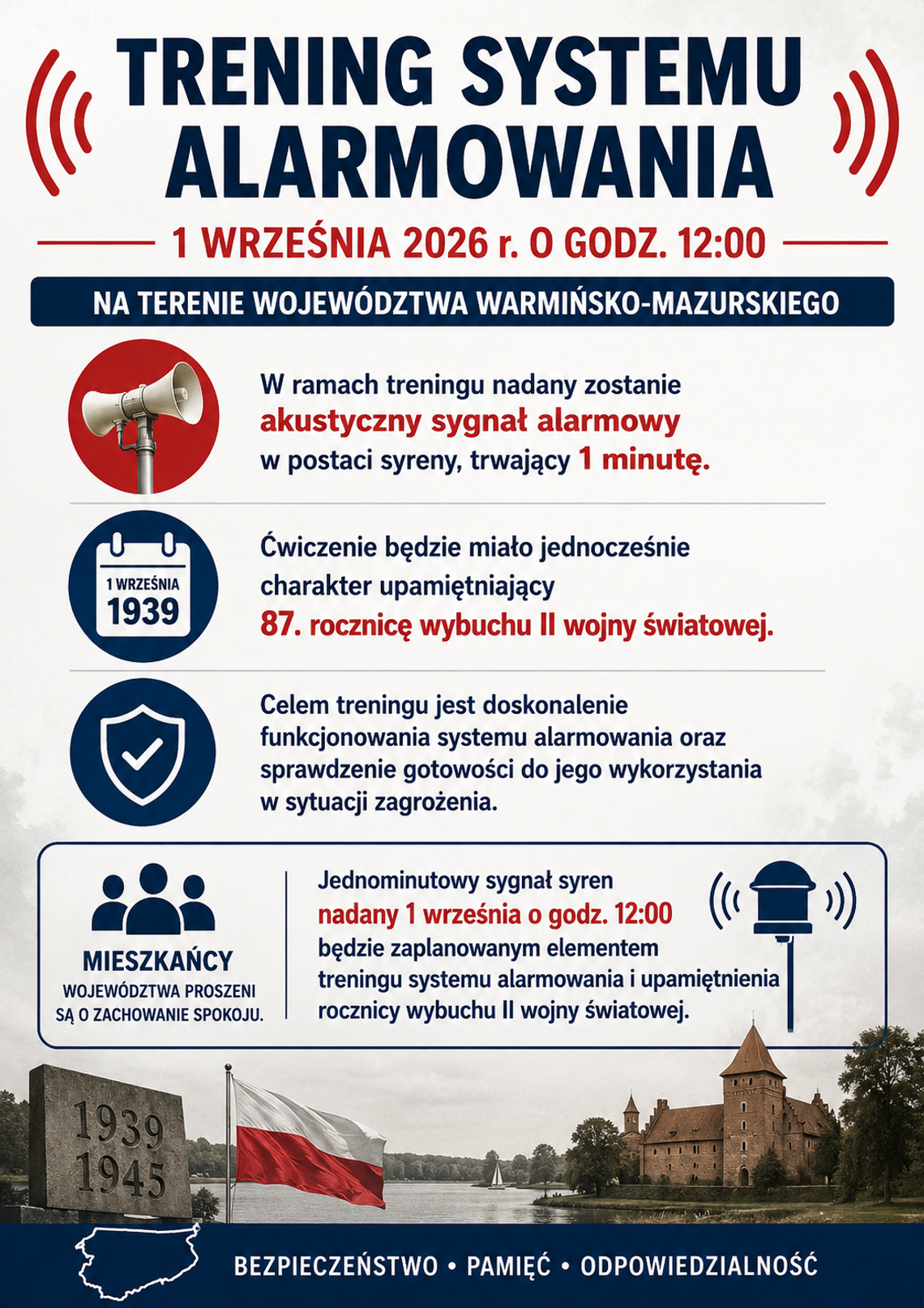 1 września 2026 r. o godz. 12:00 na terenie województwa warmińsko-mazurskiego zostanie przeprowadzony trening doskonalący system alarmowania.